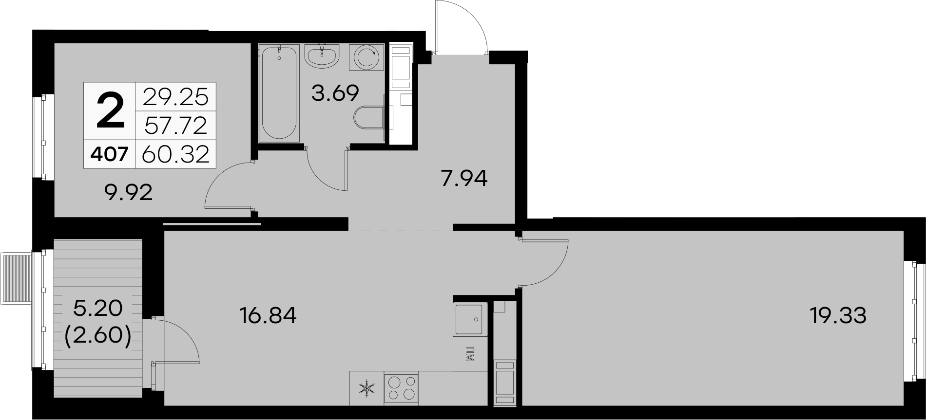 2-комнатная квартира 60.32 м², 9/9 эт., ЖК «Glorax City Балтийская»